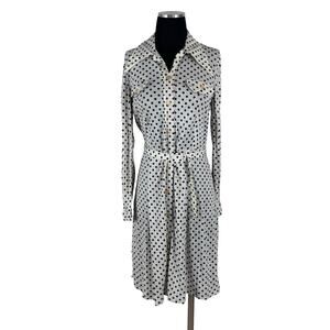 Vintage 70s Polka Dot Shirt Dress White Navy Blue Belted Project Piece As Is S M